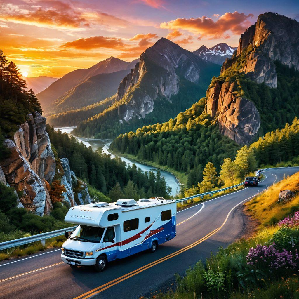 An adventurous road trip scene featuring a vibrant motorhome driving on a winding mountain road, surrounded by picturesque landscapes like lush forests and scenic valleys. Include a detailed checklist graphic overlaid subtly on one side, with travel essentials like maps, snacks, and camera. Warm sunset hues illuminate the sky, enhancing the sense of freedom and exploration. super-realistic. vibrant colors.