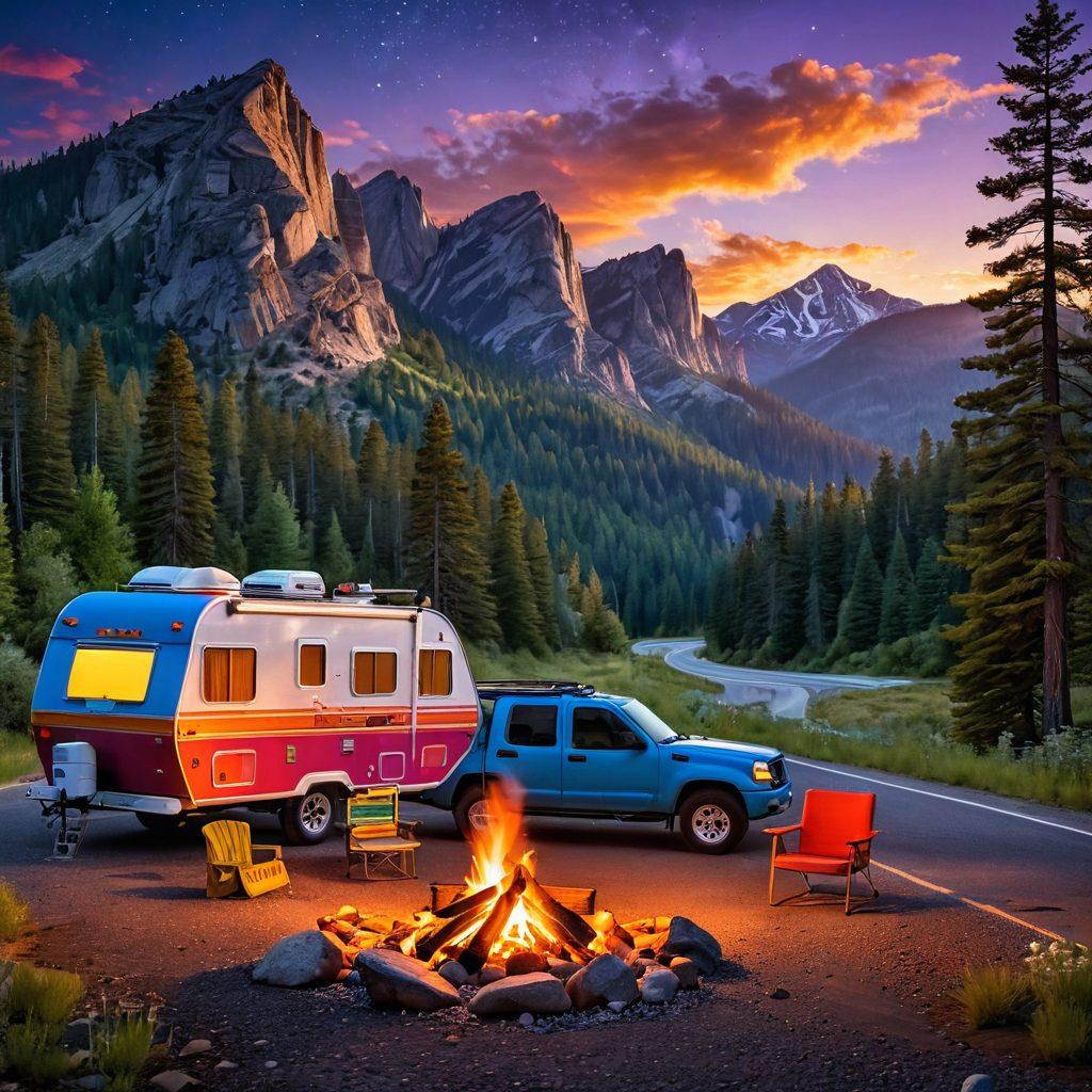 A vibrant sunset illuminating an open highway with a colorful RV parked by the roadside, surrounded by breathtaking mountains and lush forests. A couple joyfully setting up a campfire nearby, with adventure gear scattered around. Scenic road signs and a starry sky beginning to emerge in the background, evoking a sense of freedom and exploration. super-realistic. vibrant colors. 3D.