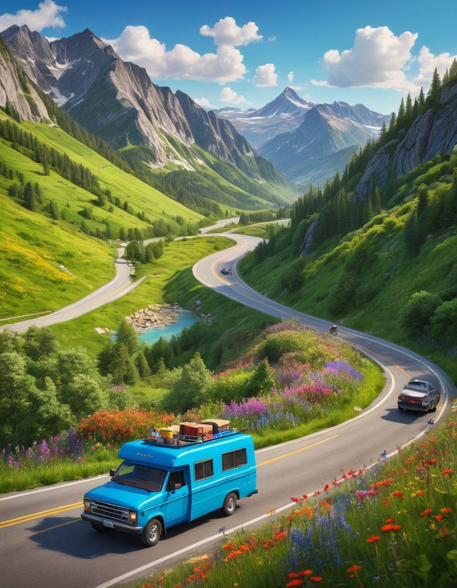 A scenic landscape showcasing a winding road through lush green mountains, dotted with vibrant wildflowers. A family of four joyfully packing their car with camping gear, surrounded by nature's beauty, and a bright blue sky overhead. A colorful map and snacks are visible on the dashboard, symbolizing adventure. super-realistic. vibrant colors. 3D.